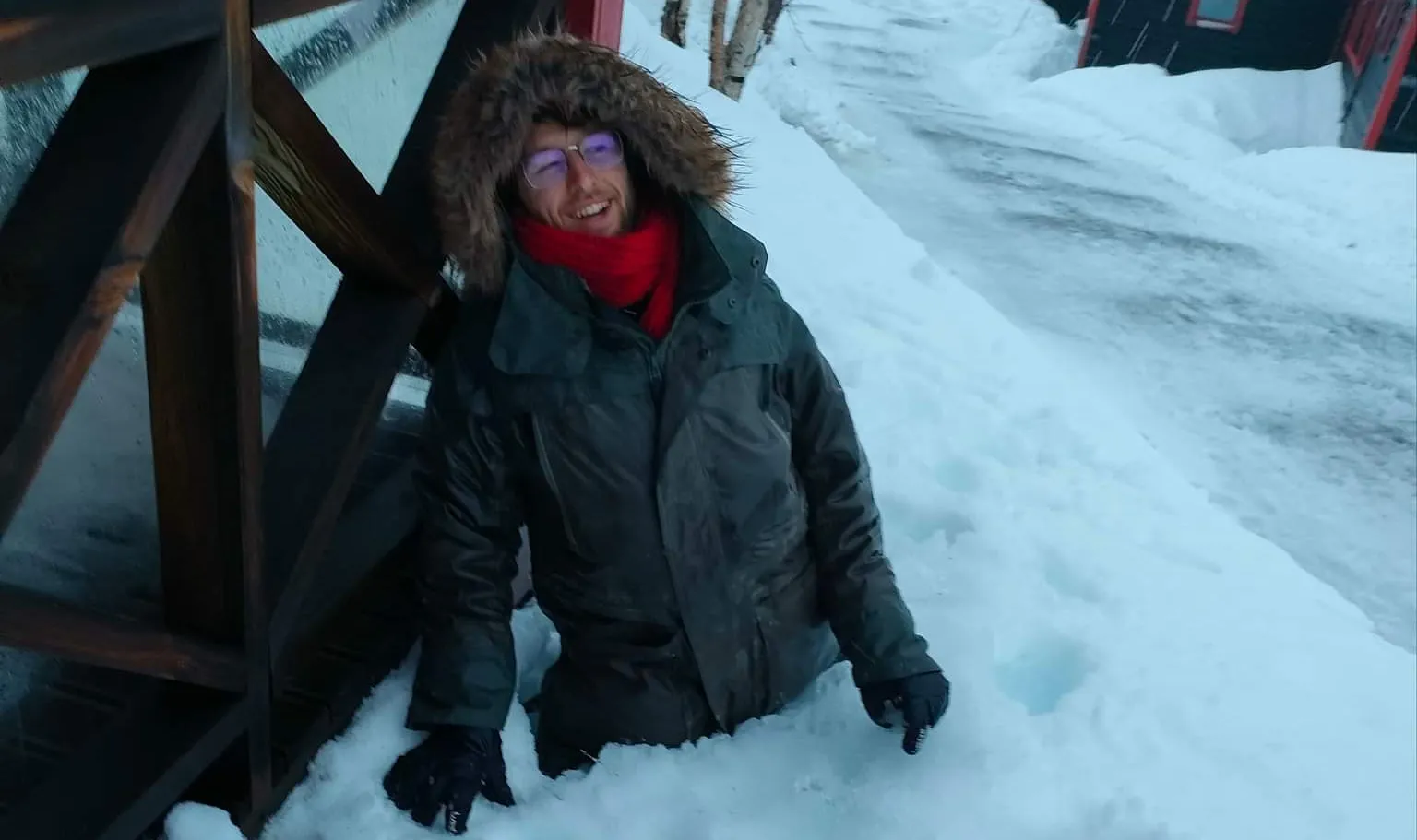 Axel Goris hip deep in the snow
