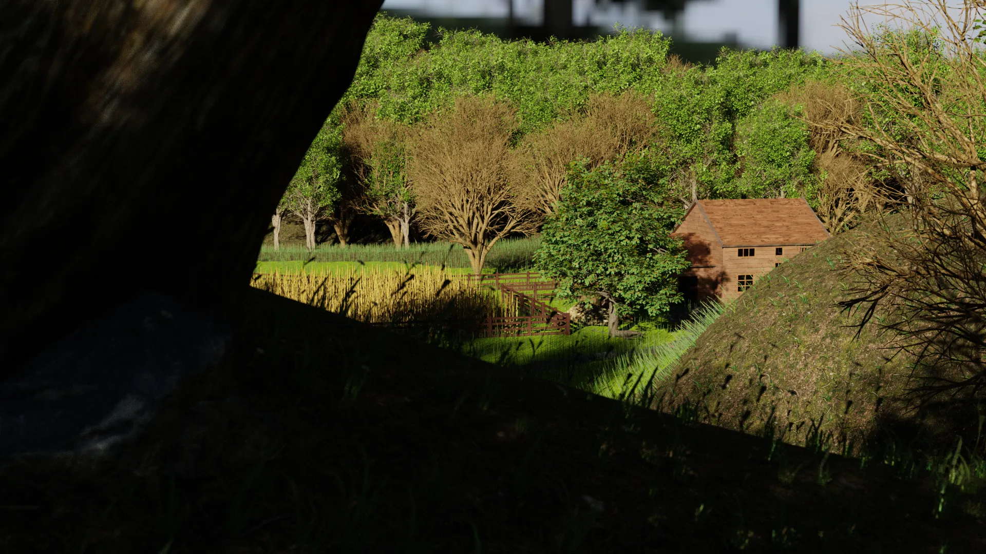 A farm in a hilly terrain.